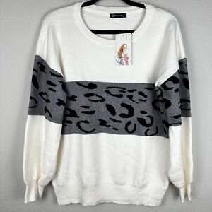 Pretty Garden Sweater Size Medium Cream Gray Animal Print